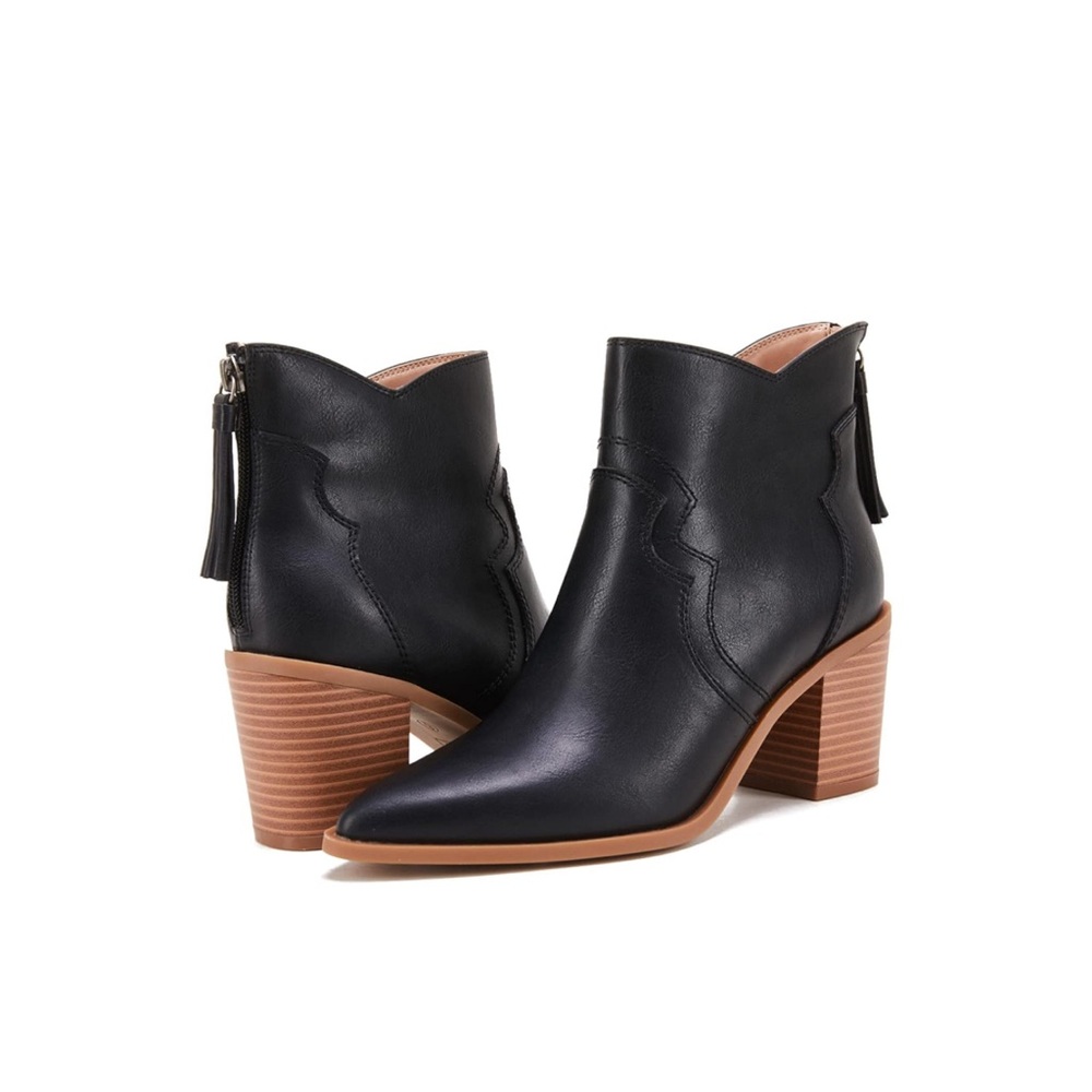 VETASTE Ankle Boots Pointed Toe Chunky Block Heel Zipper Tassel Western Booties